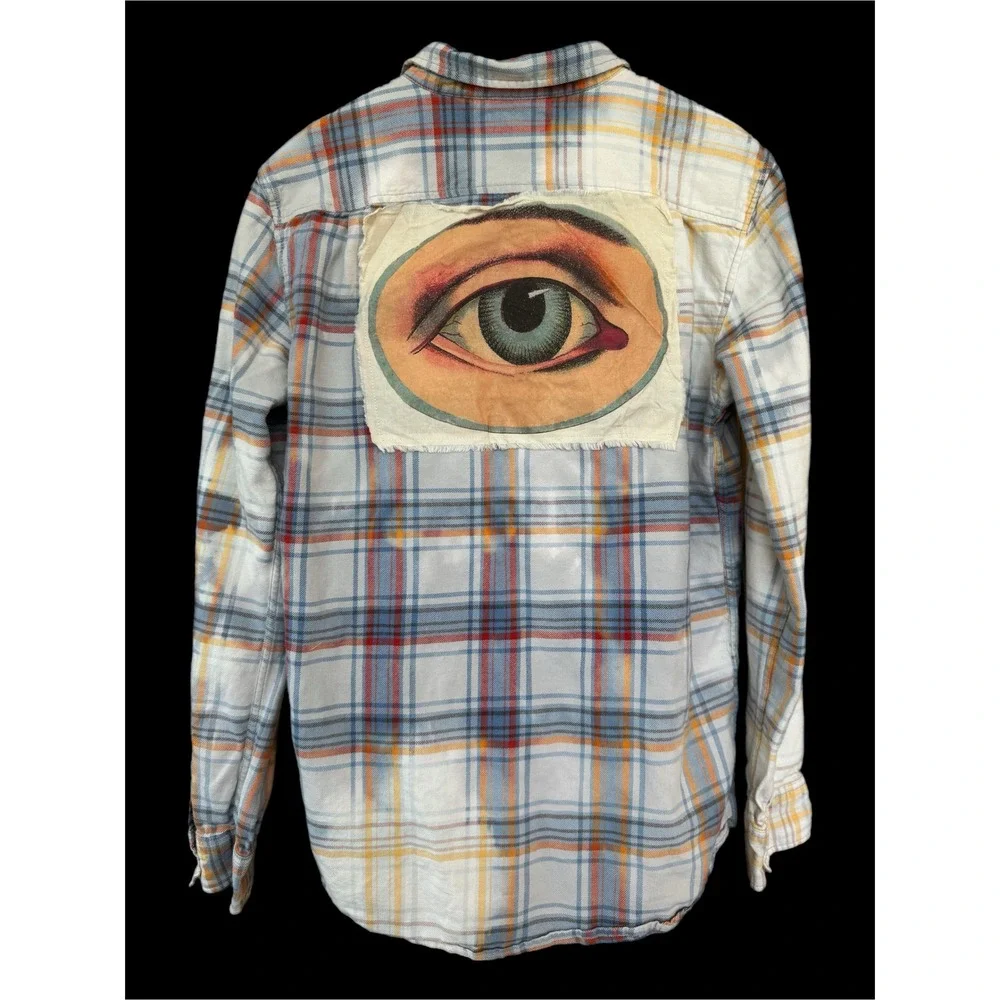 Upcycled Eye Patch Flannel Shirt Medium | Folk Art Plaid Button Down - Picture 2 of 7